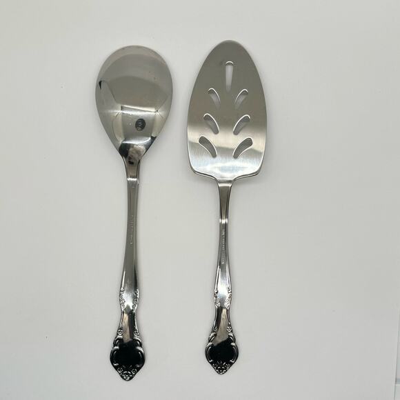 Estia Stainless Serving Set Large Spoon Pierced Spatula Pie Server Floral Motif - Picture 4 of 7